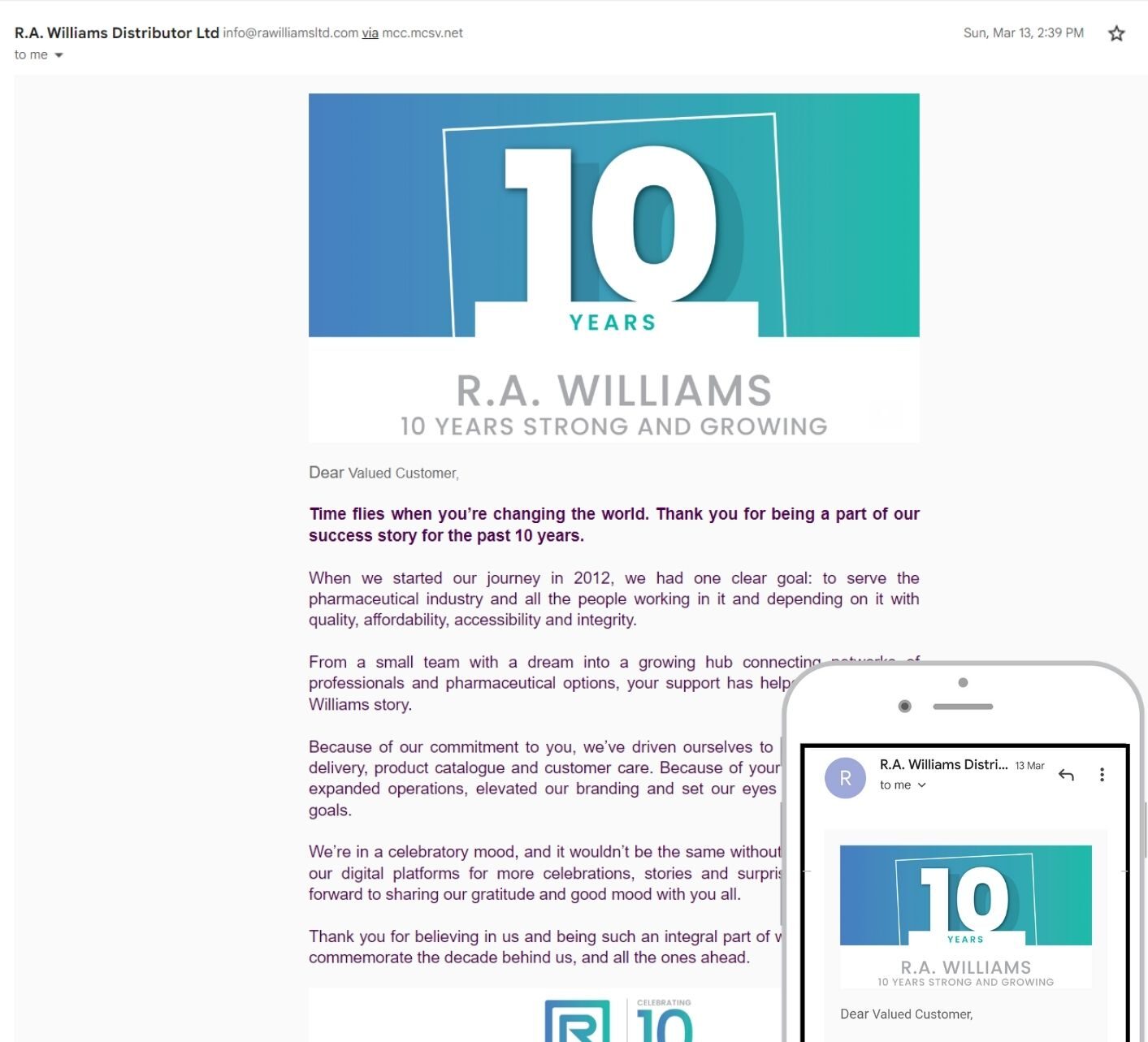 Email Campaign: 10 Years Strong and Growing